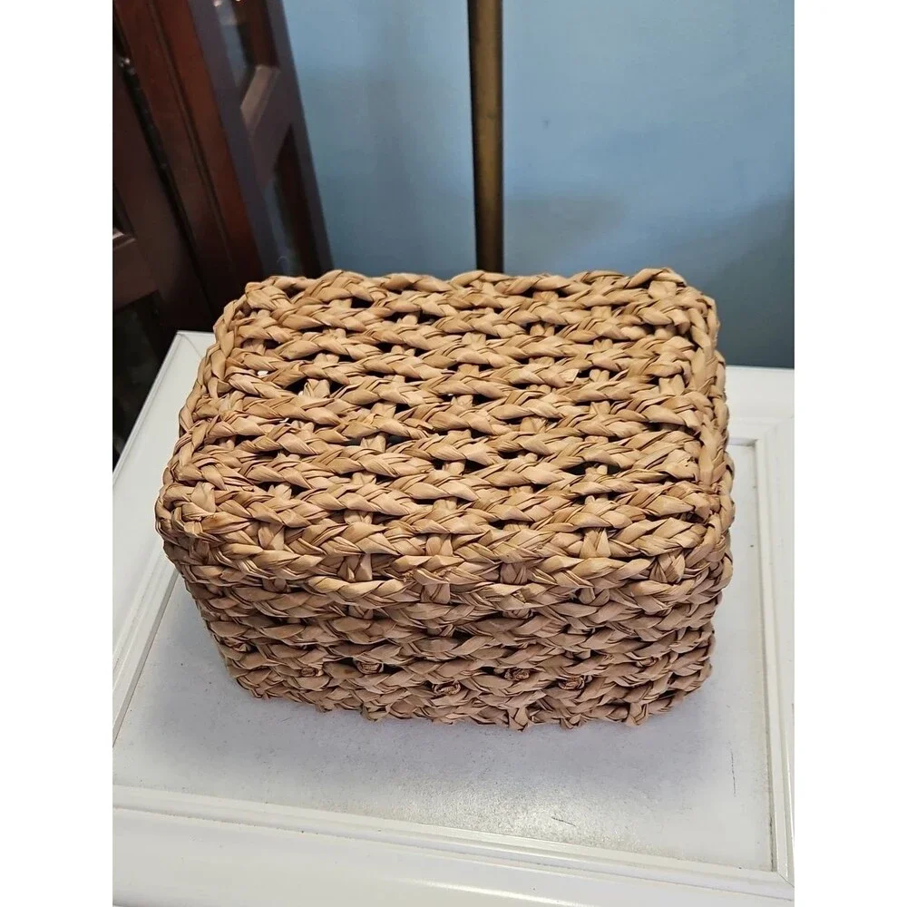 Woven Natural and Pastel Rectangular Storage Basket Set